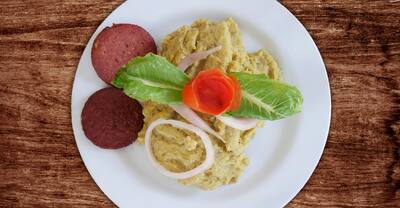 Dominican mangu with salami and cheese.