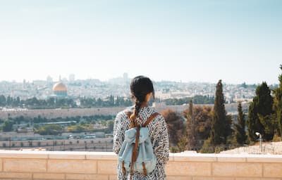Young tourist girl on mount of olives in Jerusalem