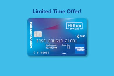 Hilton Honors American Express Card on blue background