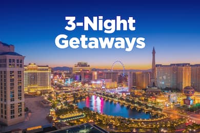 Las Vegas skyline with text reading 3-Night Getaways