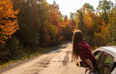 Woman leaning out of car window to look at fall foliage.