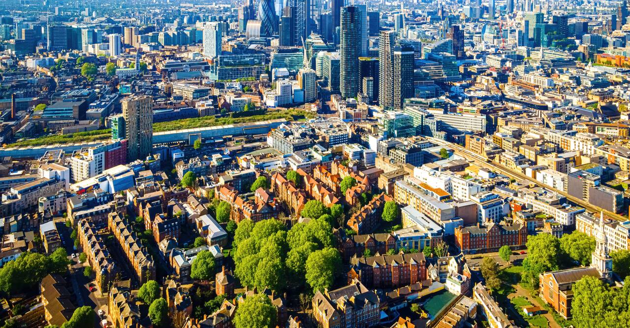 The aerial view of Shoreditch, an arty area adjacent to the equally hip neighborhood of Hoxton in London.