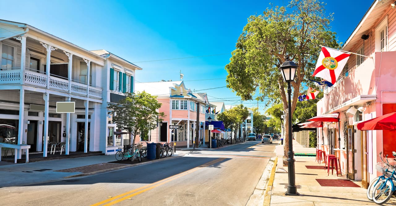 Key West famous Duval street panoramic view, south Florida Keys.