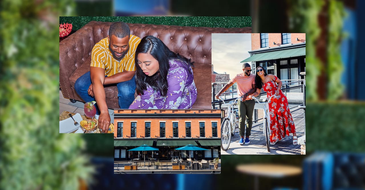 Kumpulan gambar yang menunjukkan pasangan sedang naik sepeda, piring berbagi, dan pemandangan luar hotel. 