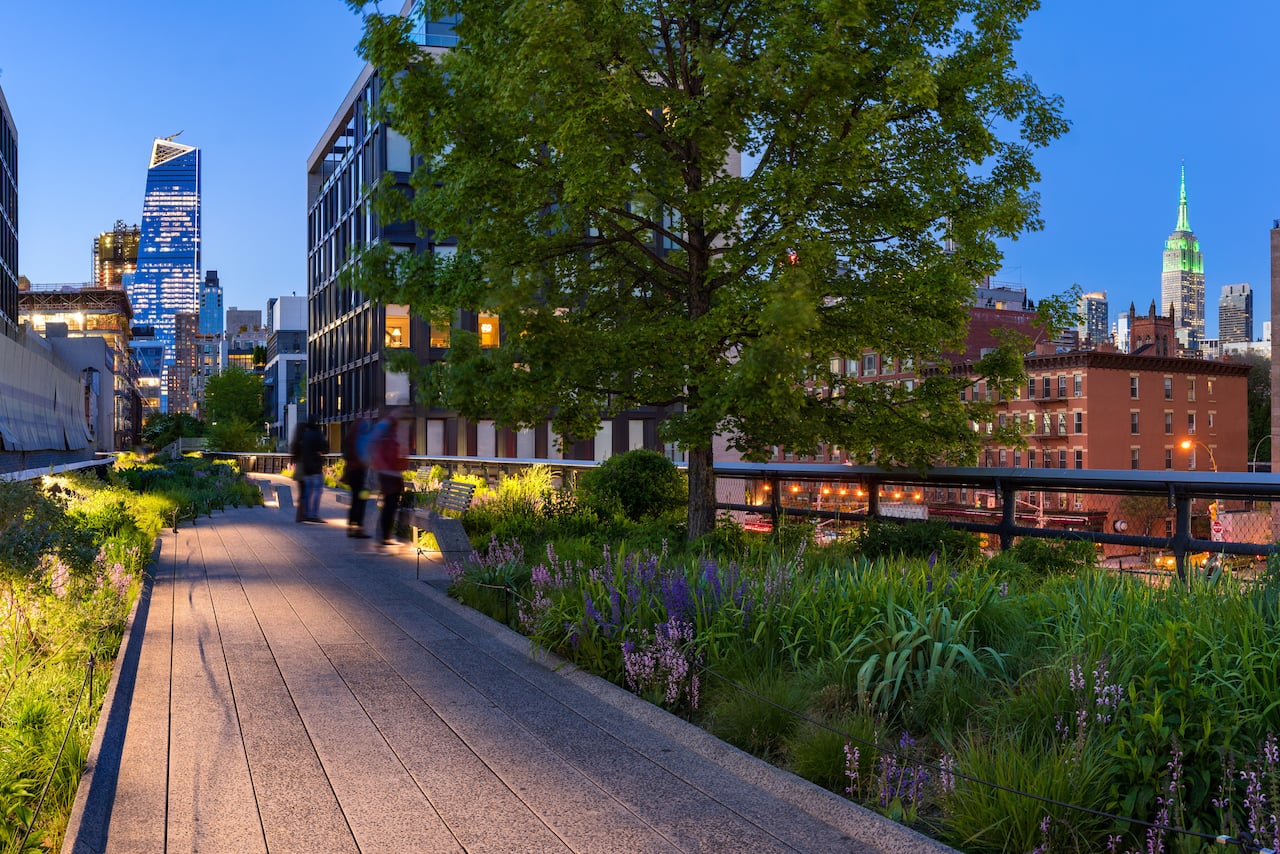 Panoramic view of High Line in Chelsea, New York at dusk