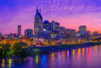 Sunset from the river looking into downtown Nashville