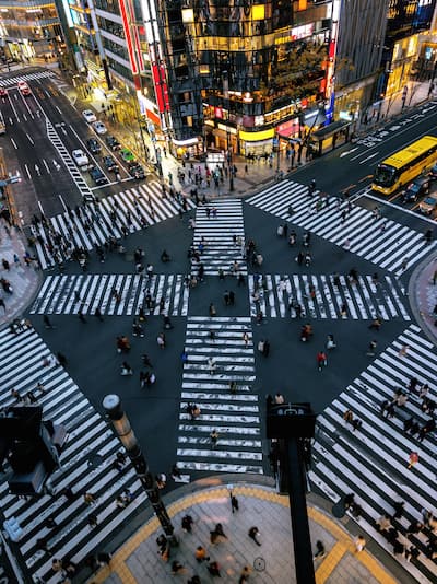 Aerial view of Shibuya crossing in Tokyo Japan