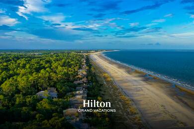 Aerial view of a the ocean, a beach, and trees with the Hilton Grand Vacations logo