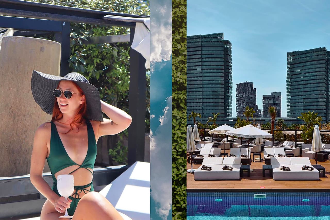 A woman posing wearing a swimsuit and beach hat, next to a property shot of the outdoor pool deck at Hilton Diagonal Mar Barcelona overlooking Barcelona’s business district. 