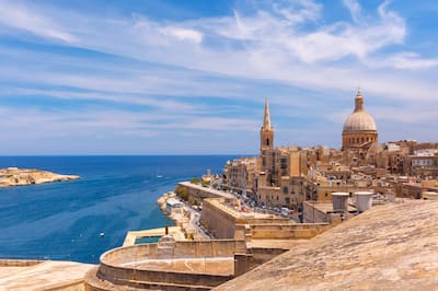 View from above of the golden domes of churches in Malta