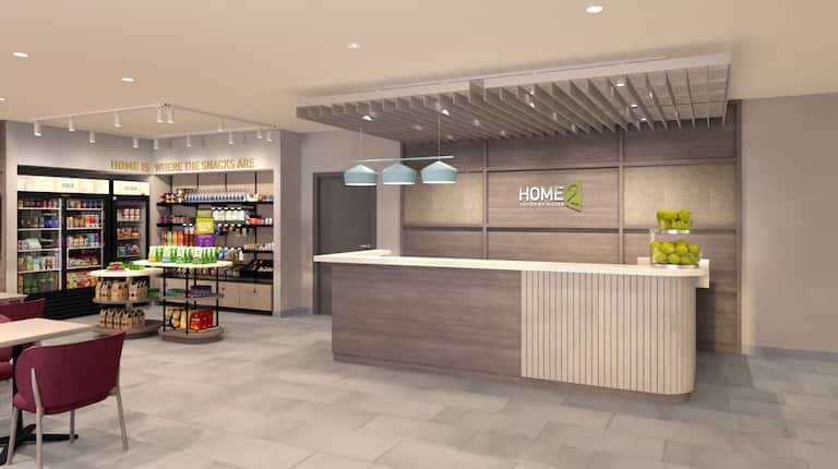 Example rendering of hotel reception desk and snack shop in lobby
