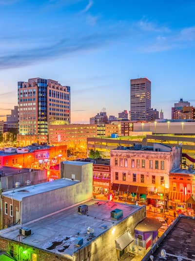 Sunset aerial view of downtown Memphis Tennessee