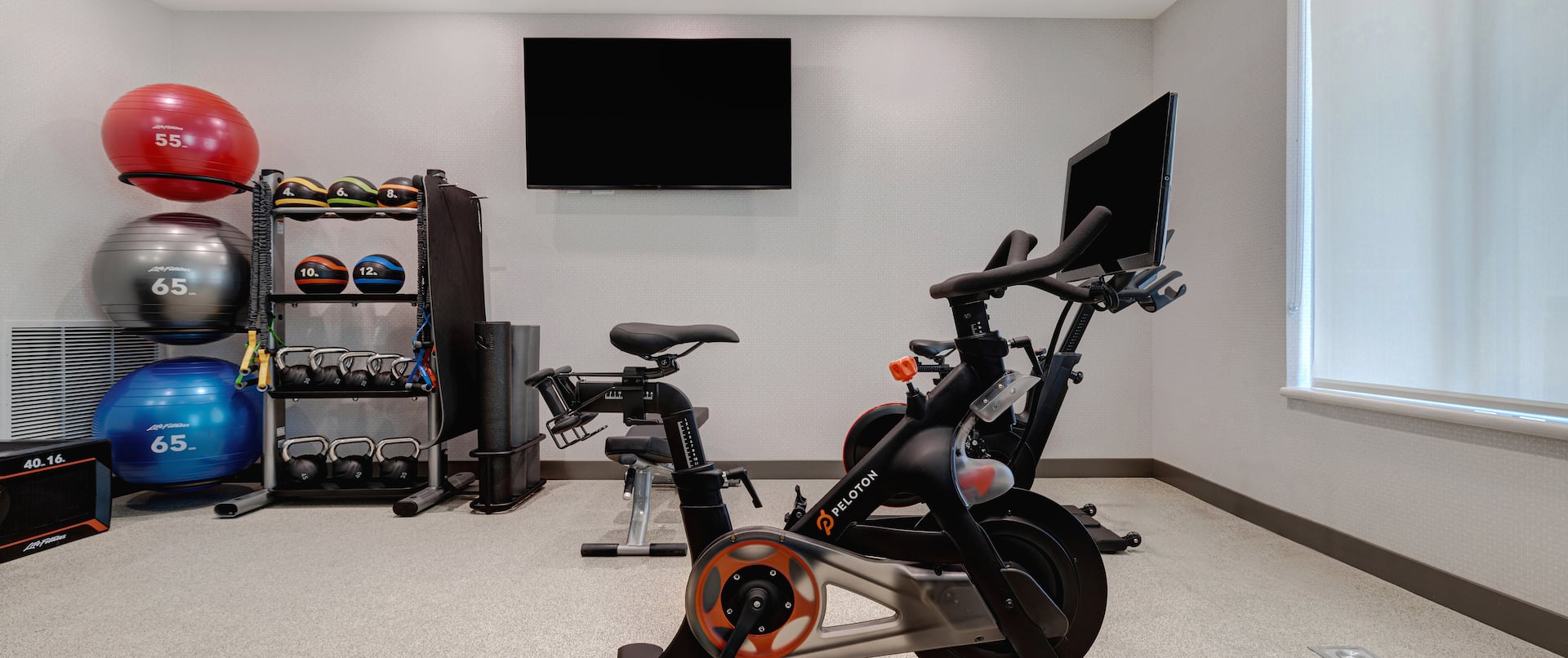 Exercise Balls, Weights, HDTV and Exercise Bike in Fitness Center