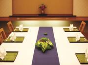 Chairs, Table Set With Menus, Flowers, Purple Runner on White Linen in Fuji Japanese Restaurant