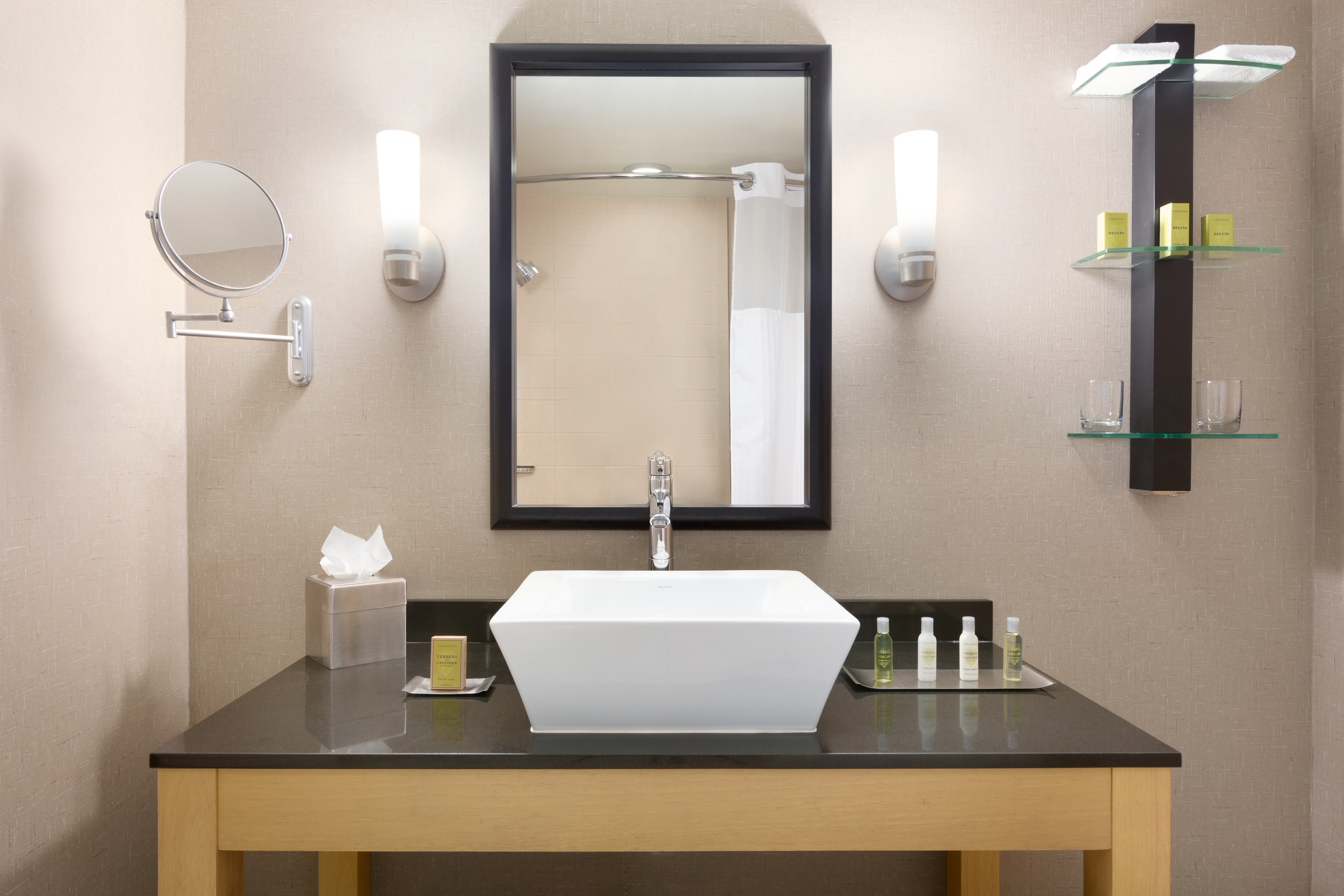 Shower Curtain Reflected in Vanity Mirror, Sink, Toiletries, and Amenities in Standard Bathroom