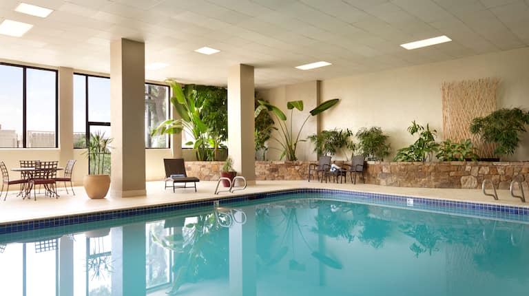 Indoor Pool With Leisure Seating and Decorative Plants