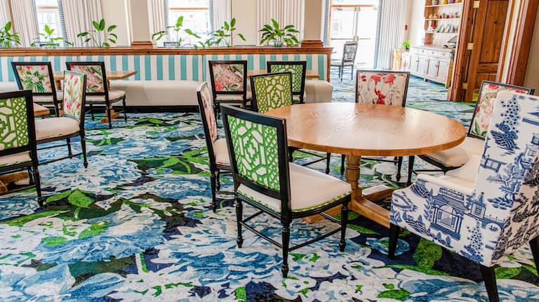 Swan Terrace Grill blue floral carpeting 