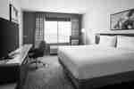 King guest room with large bed opposite a tv and large window.