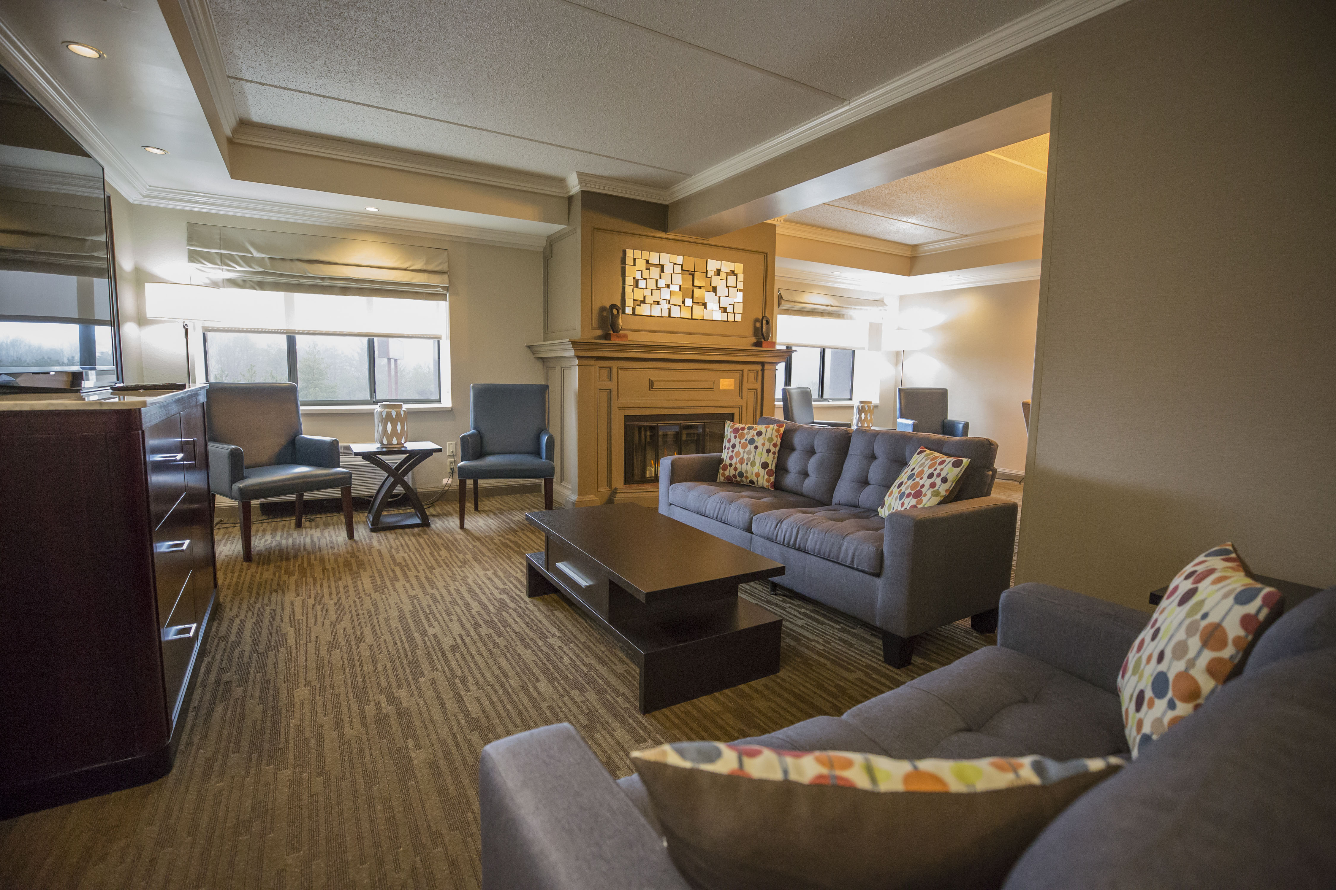 Presidential Suite Living Area with Lounge Seating, Television, Outside View and Fireplace