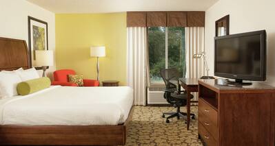 Guest Room with King Bed, Work Desk, HDTV and Outside View 