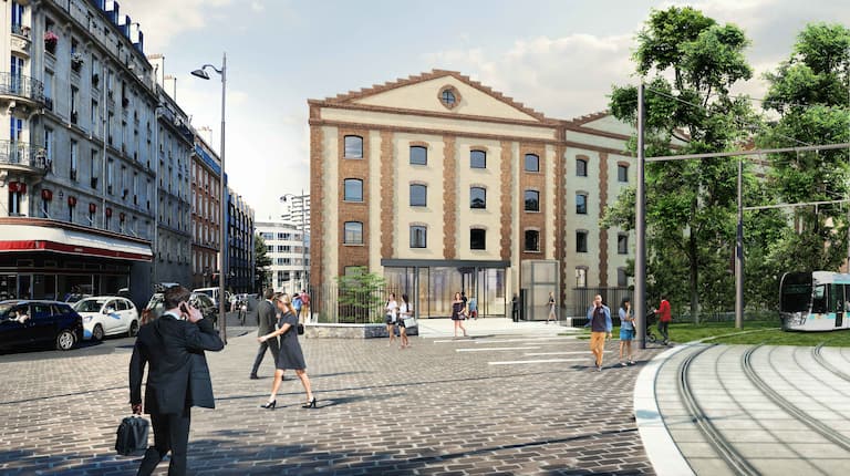 Exterior of hotel with people walking by