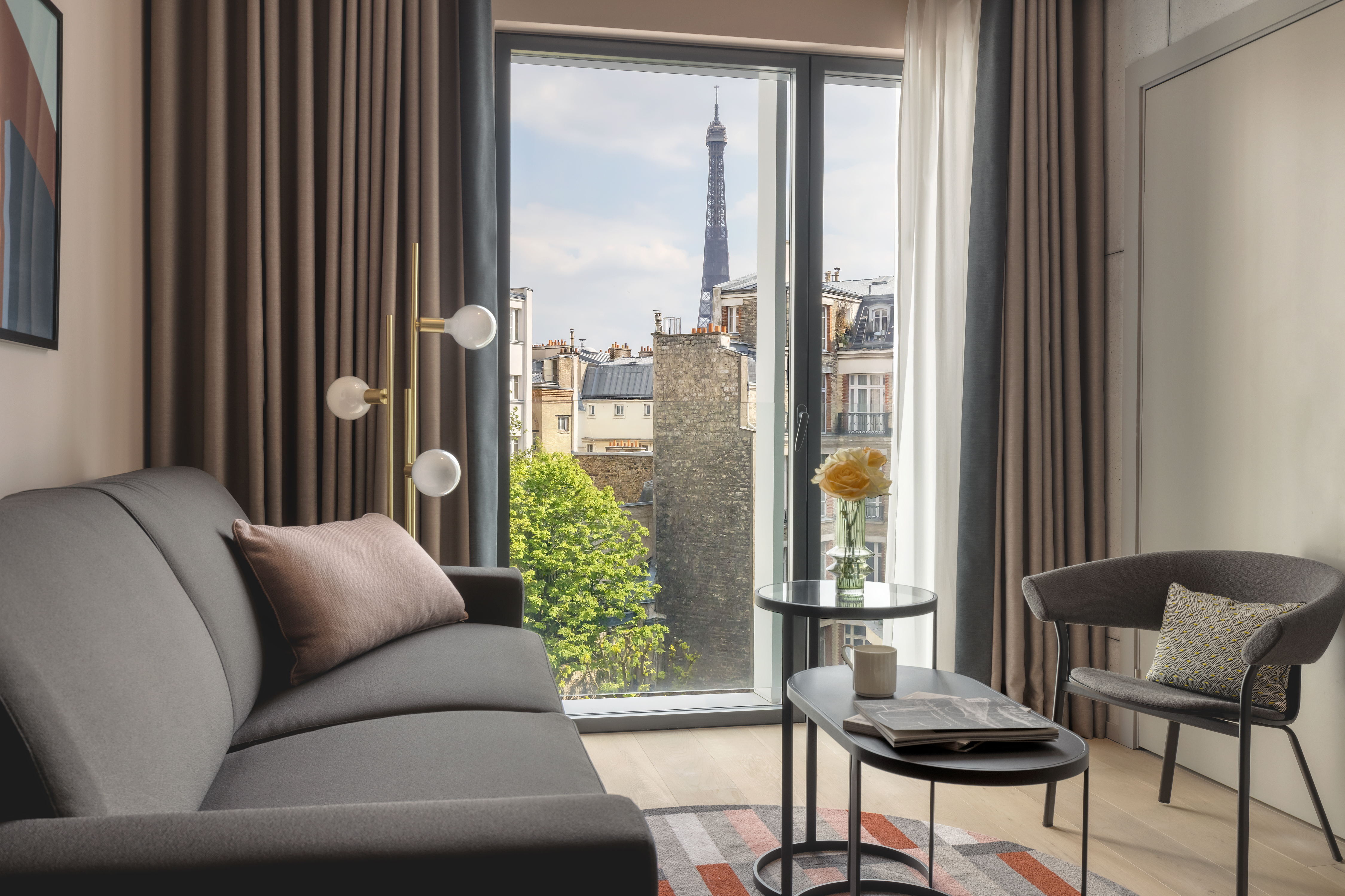Suite Living Area with City and Eiffel Tower View