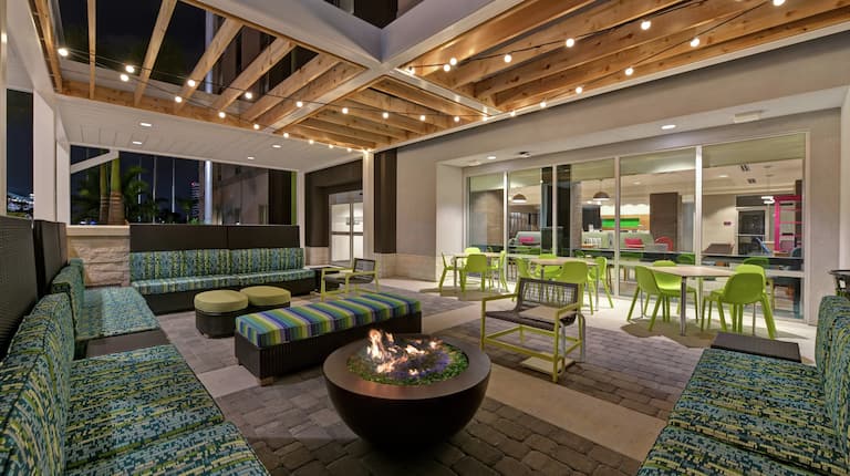 Outdoor Patio Seating with Firepit at Dusk
