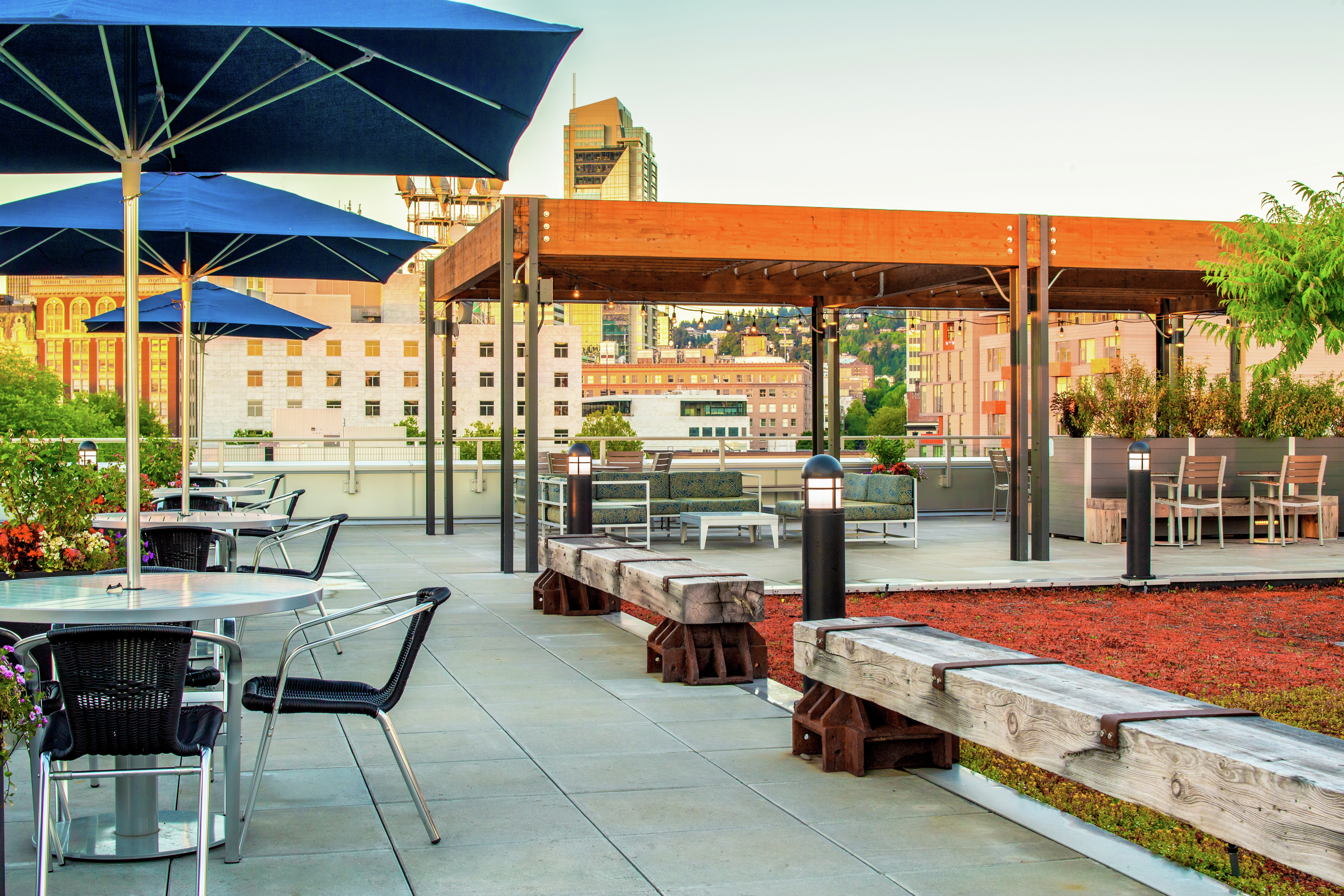 Roof Top Patio with Tables and Chairs Covered with Umbrellas