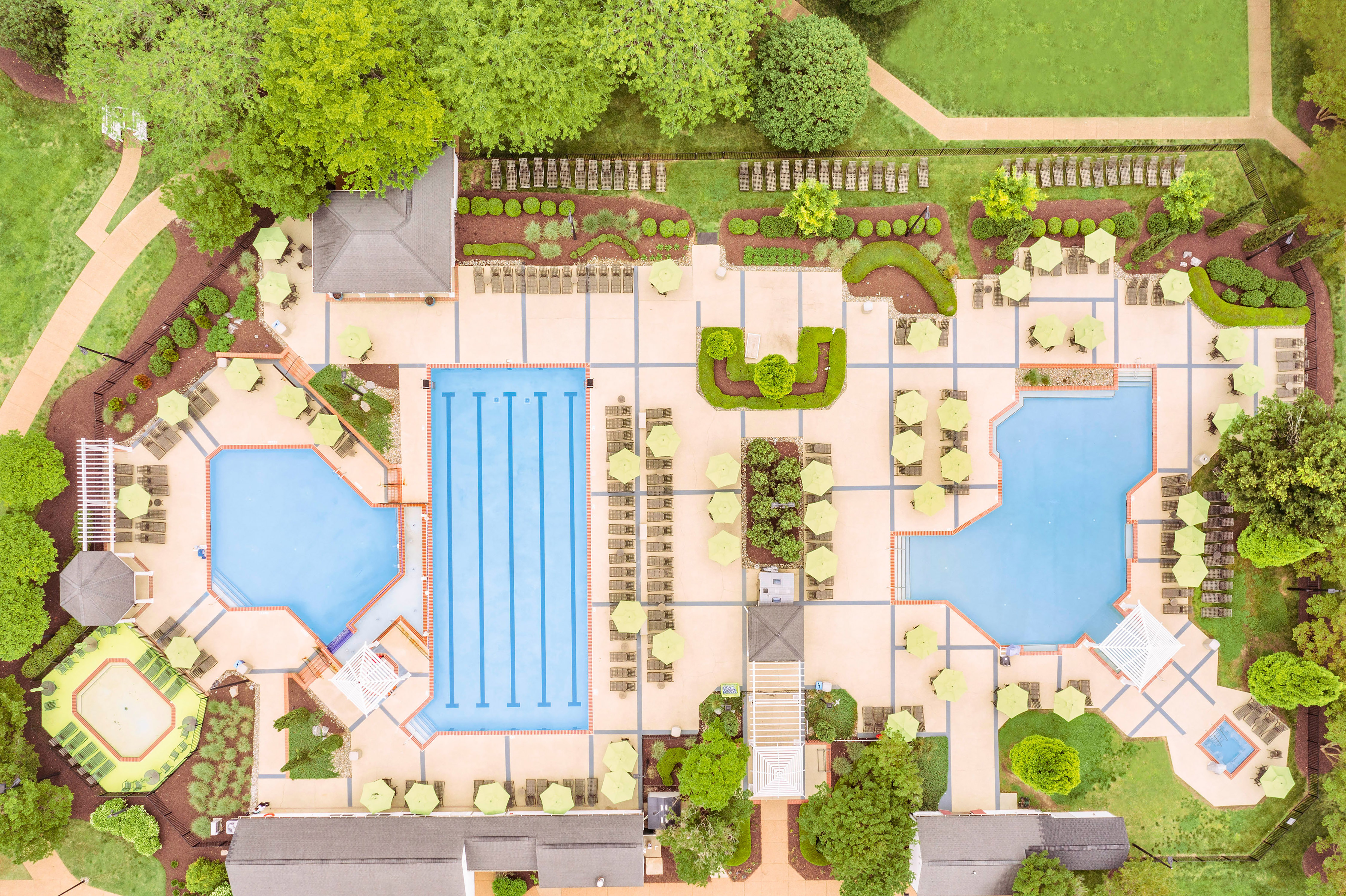 aerial view of hotel and outdoor pools