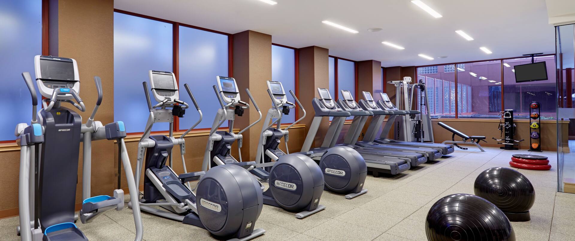 Cardio Equipment, Weight Machine, Bench, TV, Weight Balls, Aerobic Stepper, and Two Exercise Balls in Fitness Center Health Club Area
