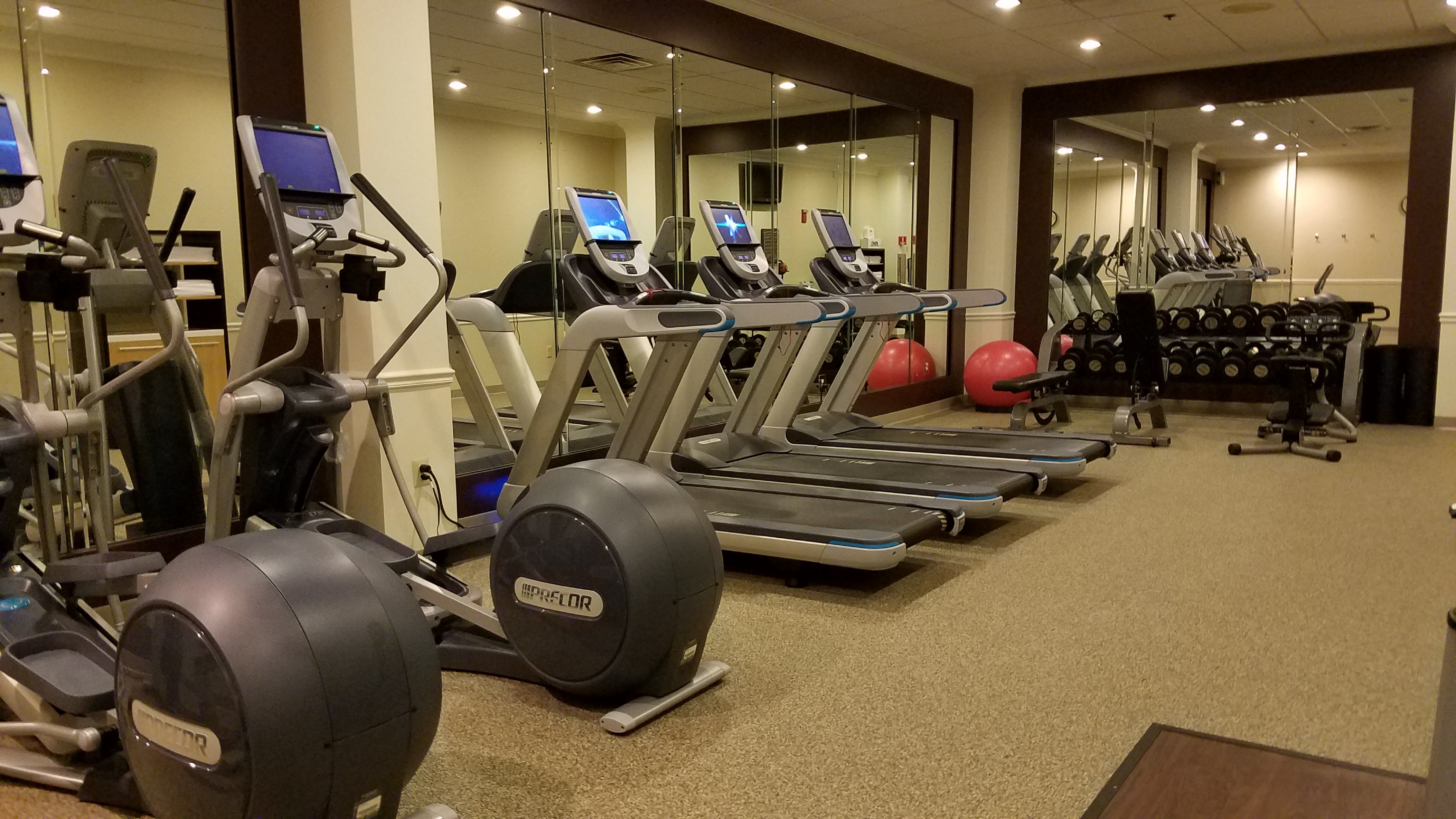 Fitness Center With Cardio Equipment Facing Mirrored Wall, Red Exercise Balls, Free Weights, and Weight Benches
