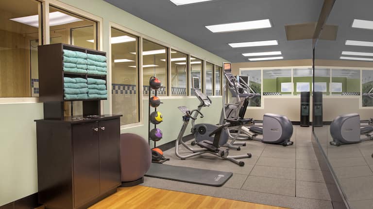 Fitnesscenter mit Handtuchspender, Pezziball, Medizinbällen, Cardiogeräten und verspiegelter Wand