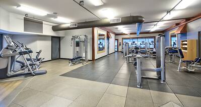 Cardio Equipment, Entry, Weight Machines, Wall Mirror, and Towel Station in Fitness Center