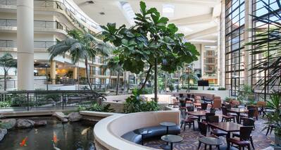View of the Atrium Restaurant With Booth and Table Seating, Koi Pond, Trees, and an Outside View