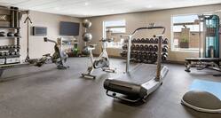 Convenient on-site fitness center fully equipped with cardio machines, rowing machine, and free weights.