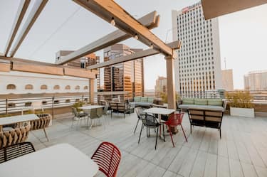 rooftop lounge, tables and chairs
