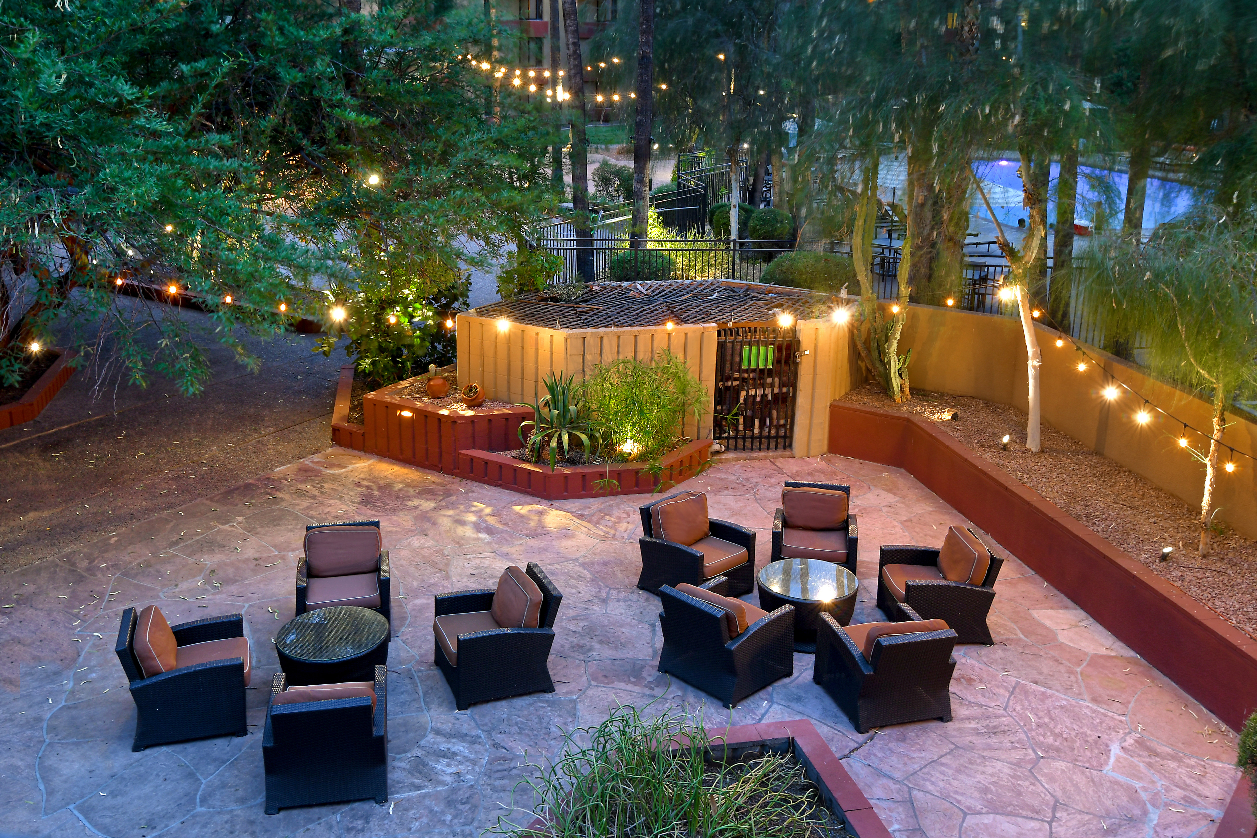 outdoor patio at dusk