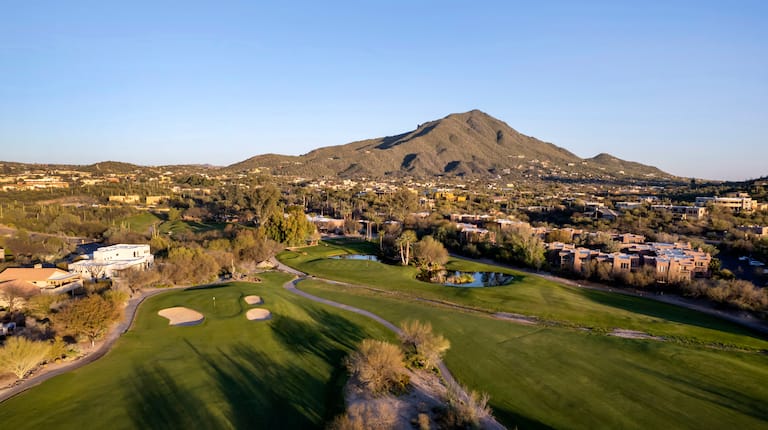 aerial view of hotel grounds and golf course