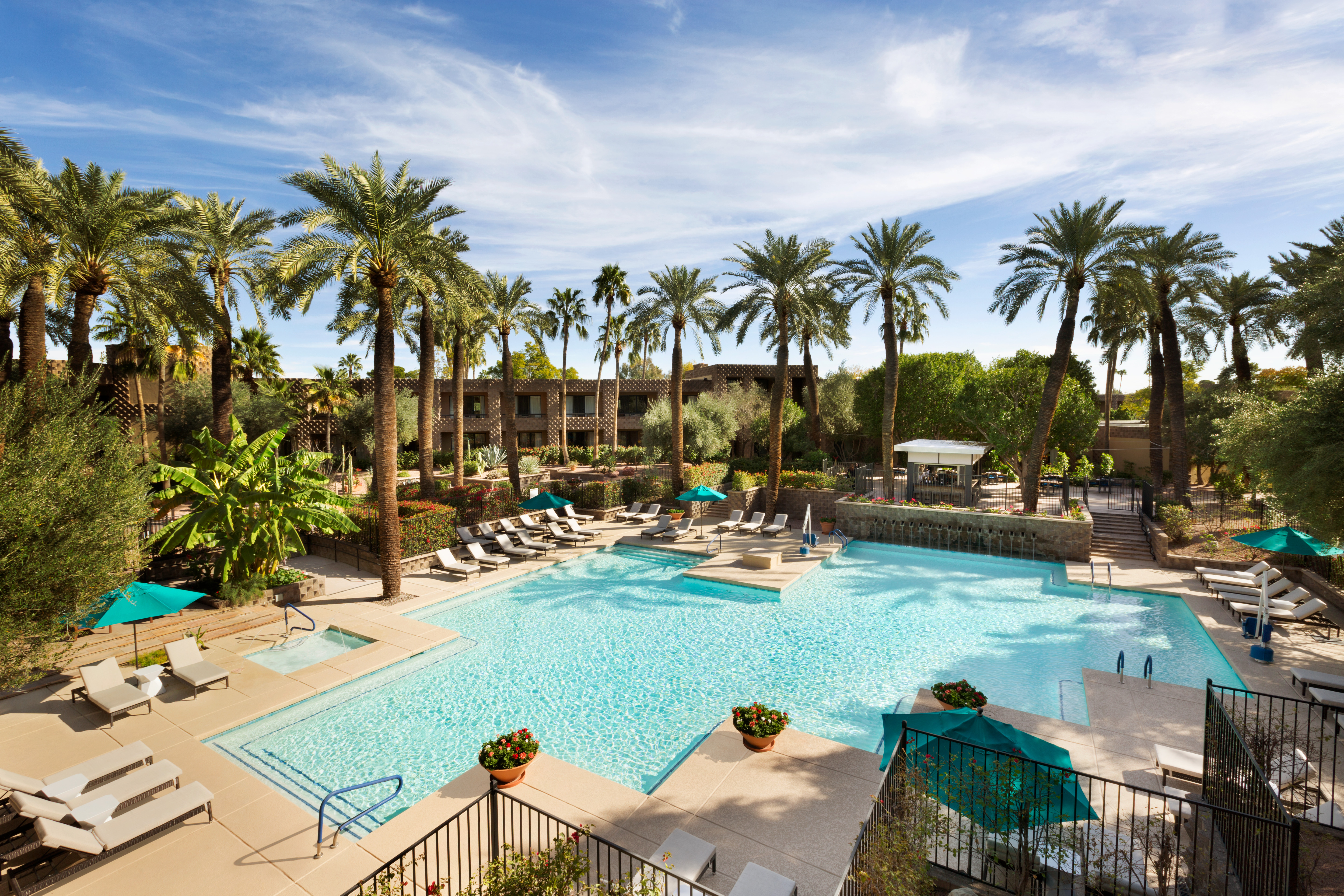 Daytime View of Green Sun Umbrellas, and Loungers by North Outdoor Pool Surrounded by Palm Trees and Hotel Exterior in Background