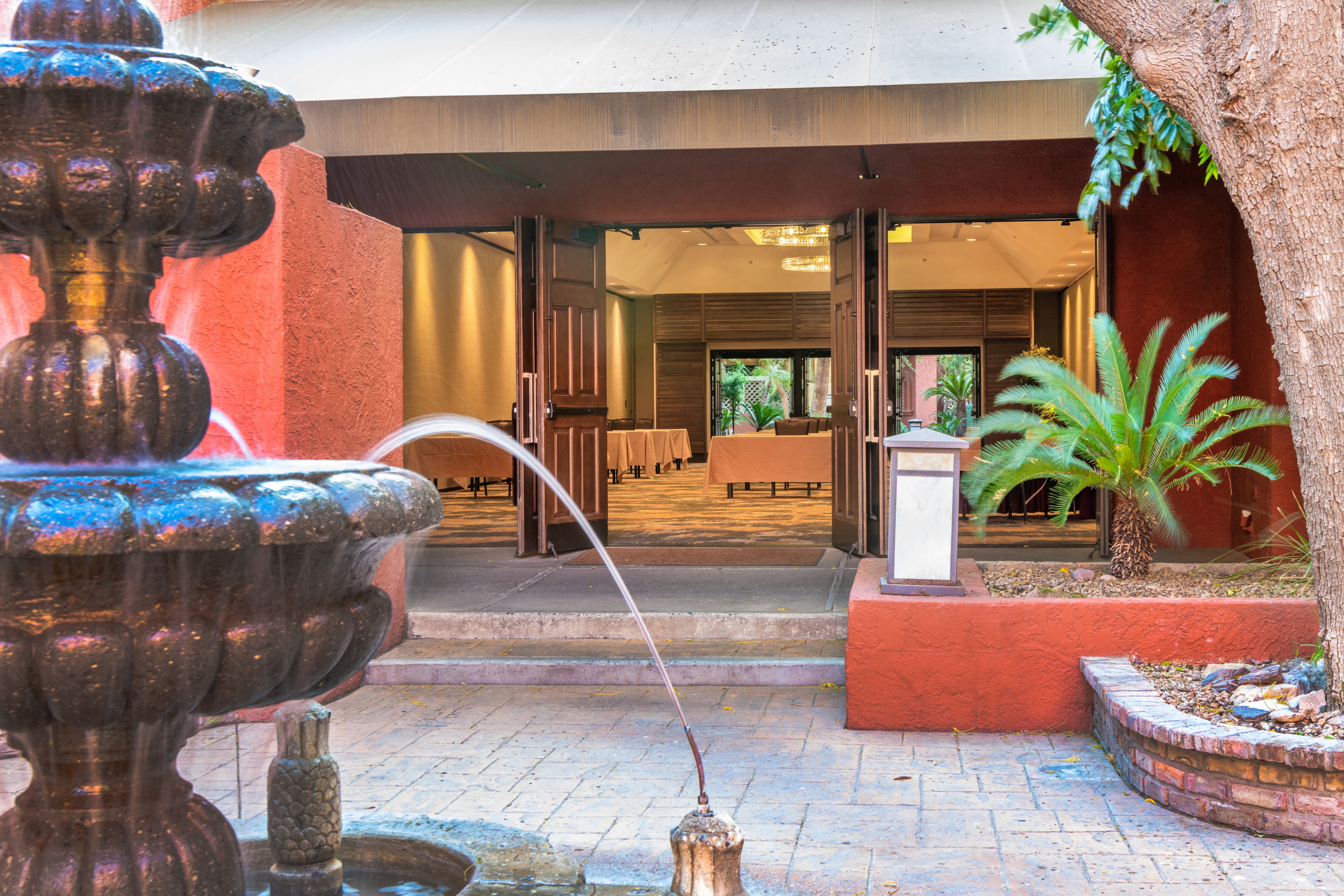 Hotel exterior with water feature