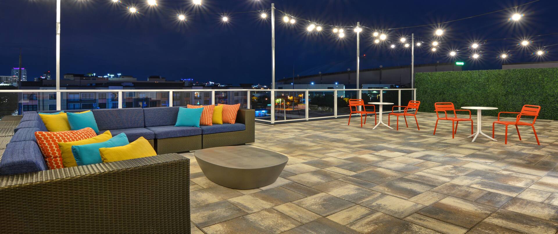 exterior patio with seating at dusk