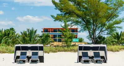 beach cabanas and chairs