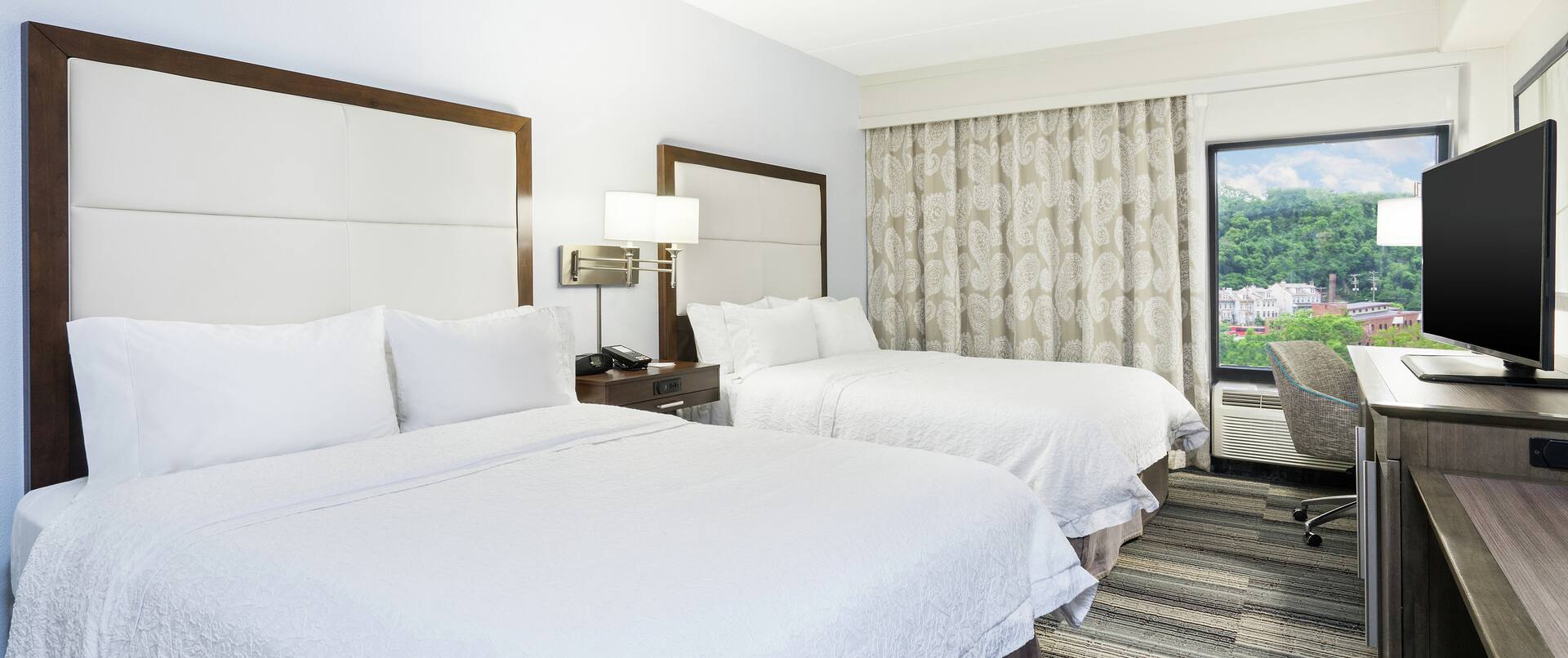 Queen Guestroom with Two Queen Beds, Room Technology, Work Desk, and Outside View
