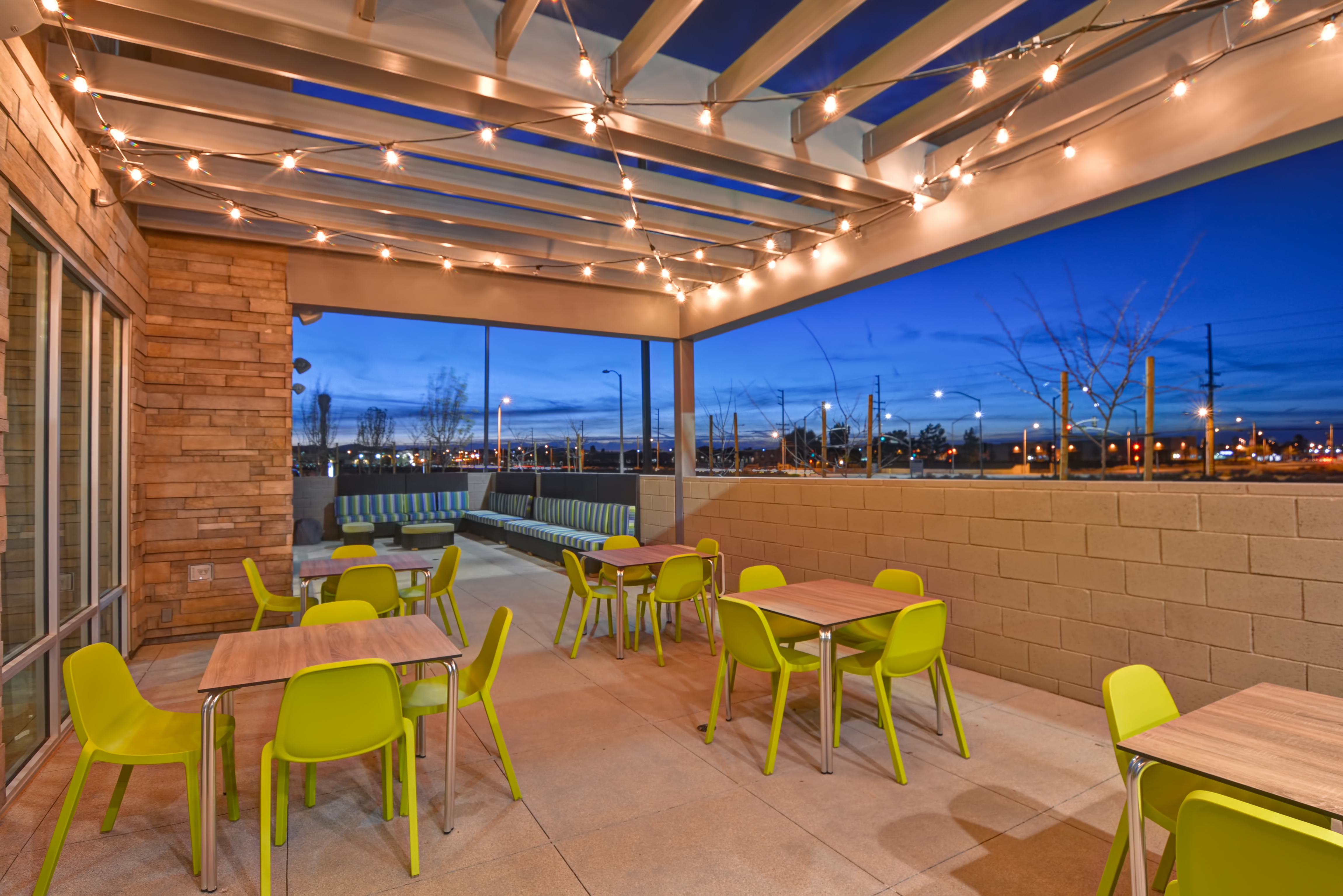 Outdoor Patio with Seating at Night