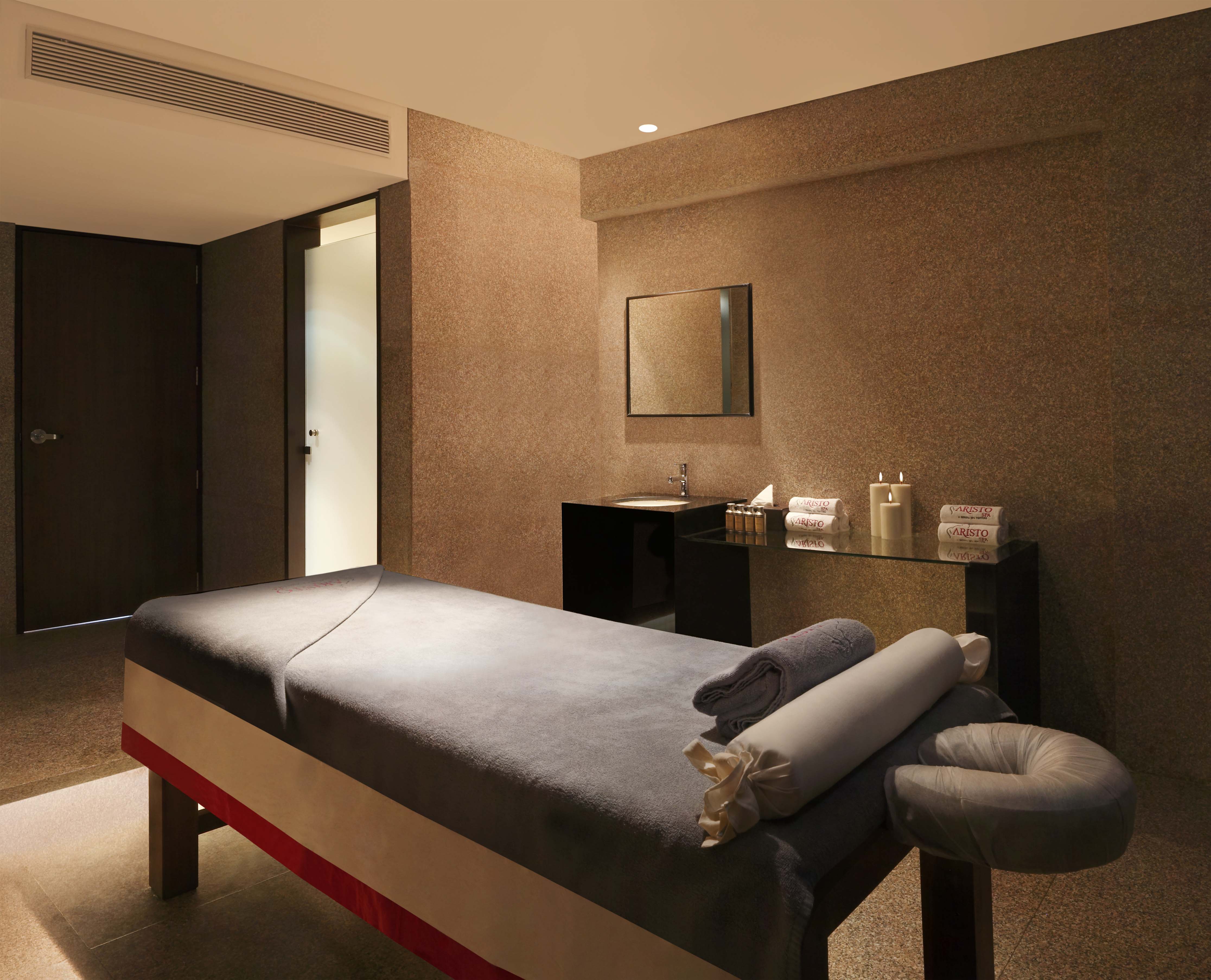 Entry, Wall Mirror Above Sink, and Massage Table in Aristo Spa 