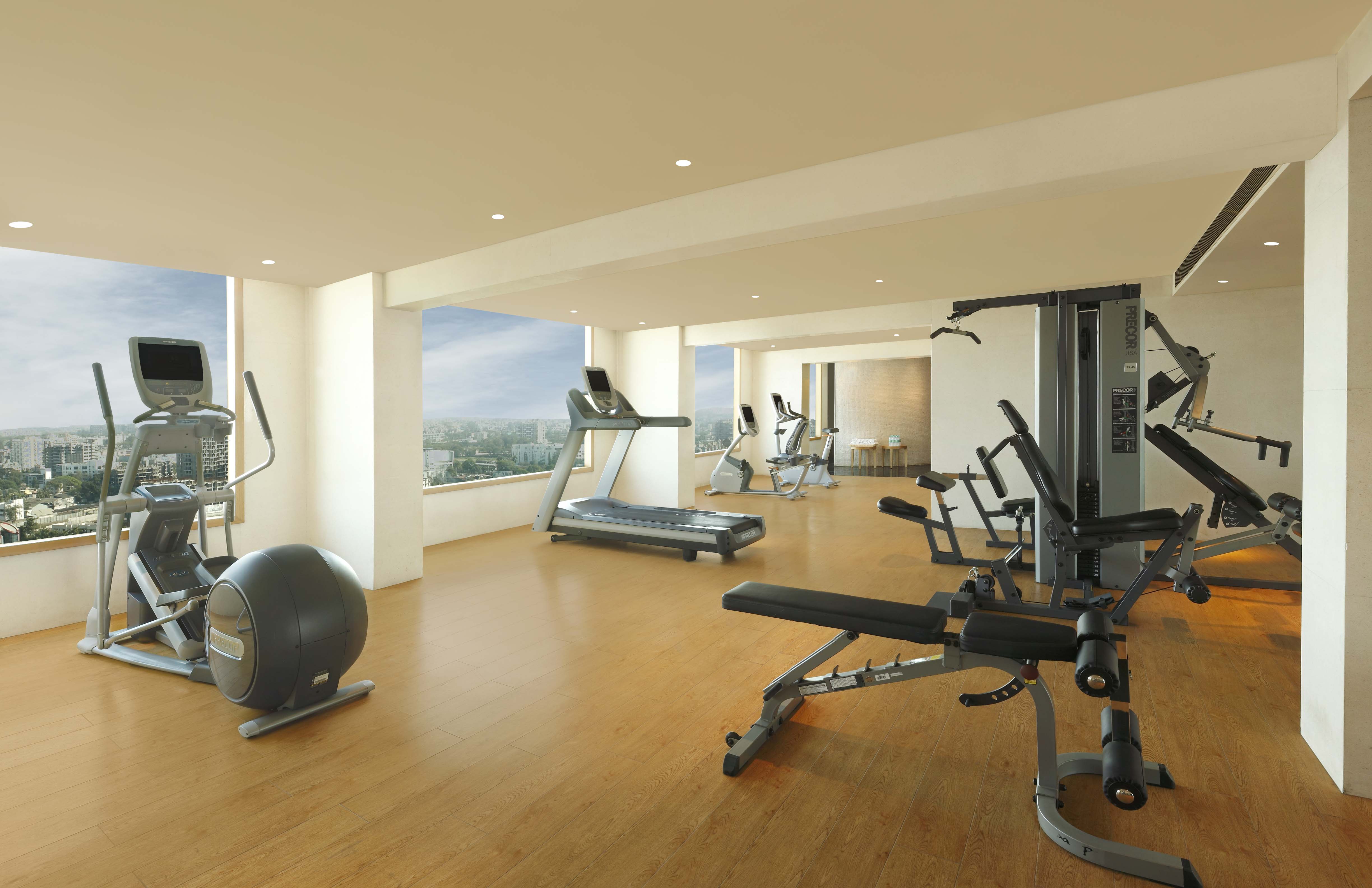 Gym With Cardio Equipment Facing Large Windows and Weight Machines