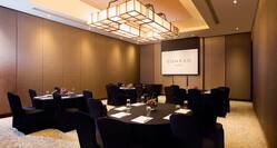 Aster Meeting Room Set up with Black Round Tables