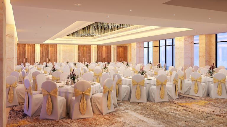 Banquet hall with tables setup
