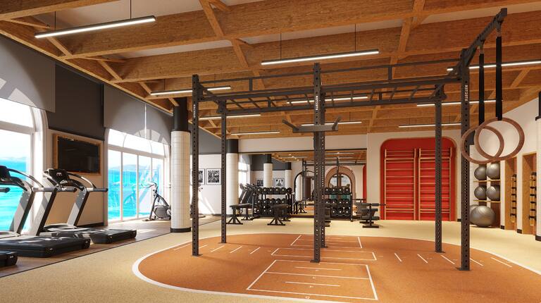 Gym with treadmills and free weights and gymnastics equipment