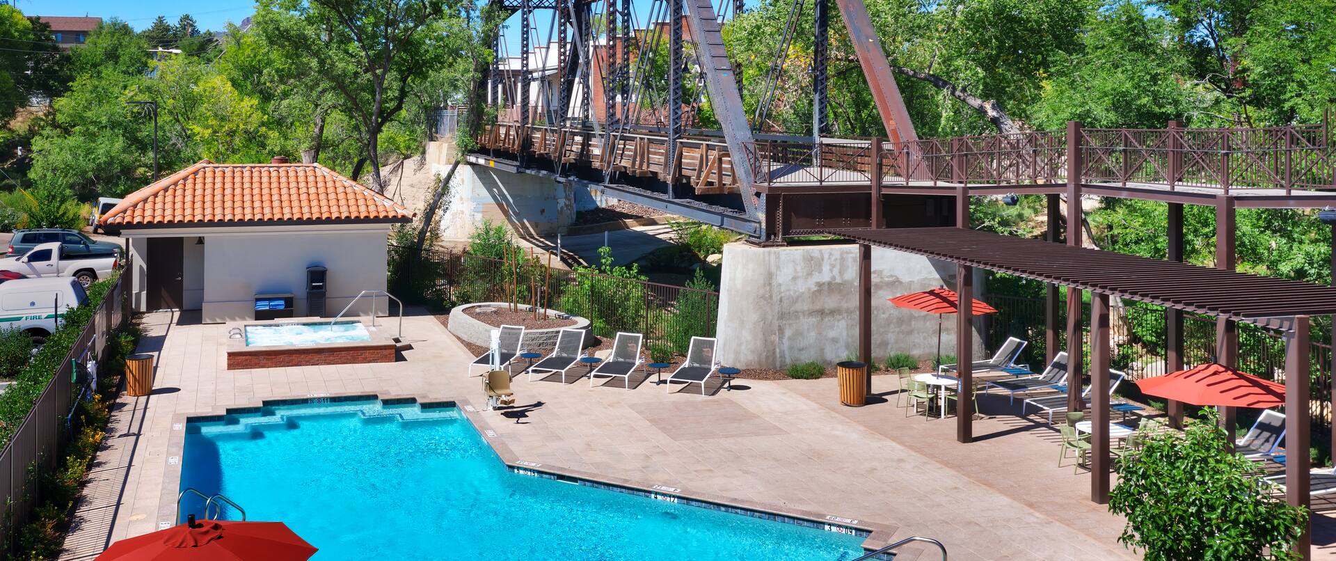 Outdoor Swimming Pool With View of Bridge